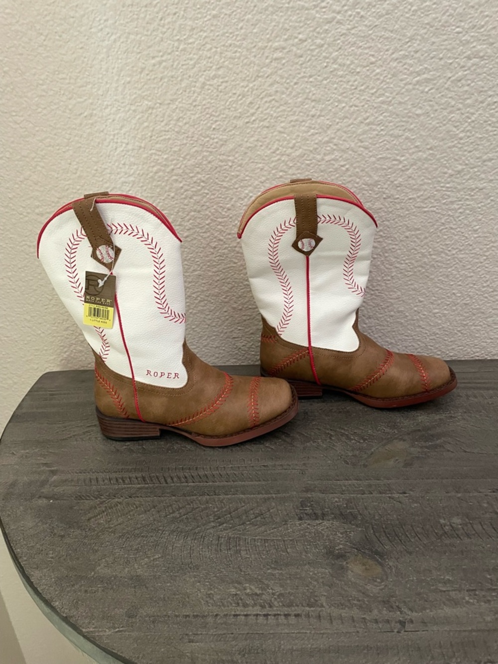 Roper Kids White Shaft and Brown Foot Baseball Stitch Western Boots NEW